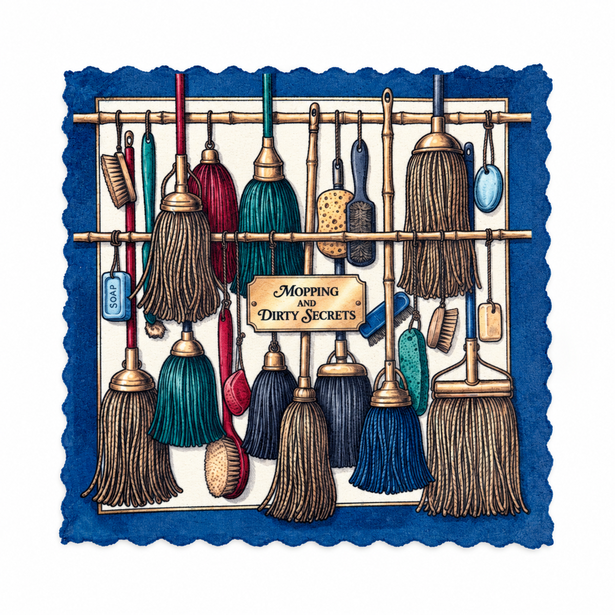 Emily's Putztuch Mopping and Dirty Secrets – Blue auf weissem Hintergrund